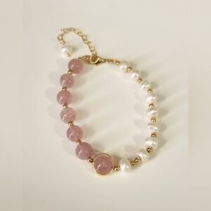 14k Gold Plated Freshwater Pearl And Strawberry Quartz Bracelet